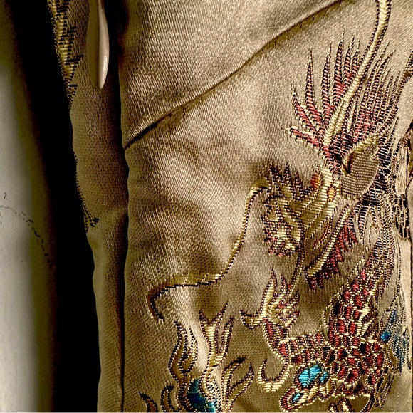 Oriental Gold Satin Dress Sz S  47” top of Shoulder to Bottom Hem - Picture 7 of 11